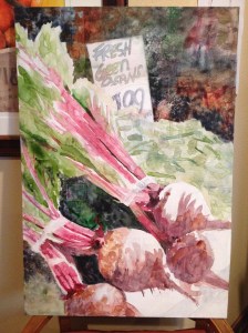 Almost finished. Beats and Green Beans. Watercolor on Plexiglass 21x30