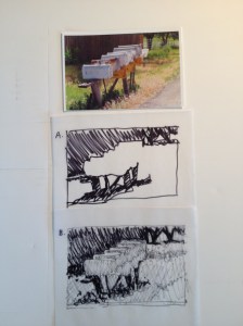 Planning Stages: Photo at top, A) Value study Black and White, B) Value study with greyscale