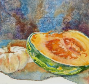 Squashed, Sliced, 8x8 original watercolor on gessoed watercolor paper, by Sarah B Hansen