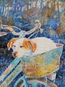 Finished painting, Snoozin', 16x12 watercolor and collage on plexiglass