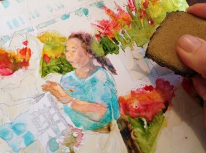 Detail showing the removal of liquid frisket from all white-preserved areas.