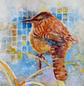 Arizona Cactus Wren, 8x8 watercolor on gesso-covered paper. $50.