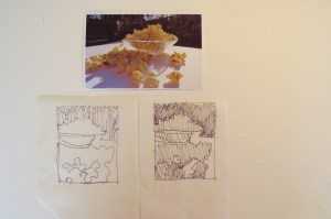 Initial photo, drawing, and value study for Popcorn Blast