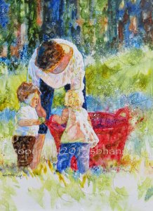 Grandma and the Big Red Bucket, 16x12, watercolor and watercolor pencil on gesso-covered plexiglass.