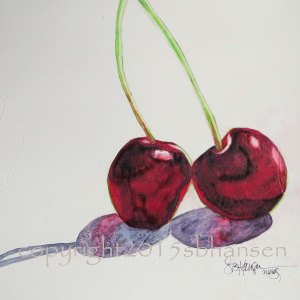 Cherries, 8x8 original watercolor painting on gesso-covered watercolor paper. $50. Matted to fit into a 12x12 frame