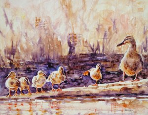 Ducks in a Row, $450  original watercolor and collage on Plexiglas