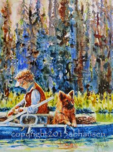 Fishing Buddies, 16x12 original watercolor and collage on gesso-covered Plexiglas