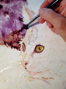 Painting the dark neutral purple background behind the cat