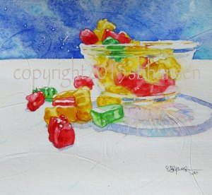 Very Beary, 8x8 original watercolor on textured #300 watercolor paper, $40 today. Matted with foamcore backing to fit into your 12x12 frame