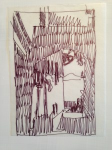 Sketching the basic outline, values, and layout of the alley